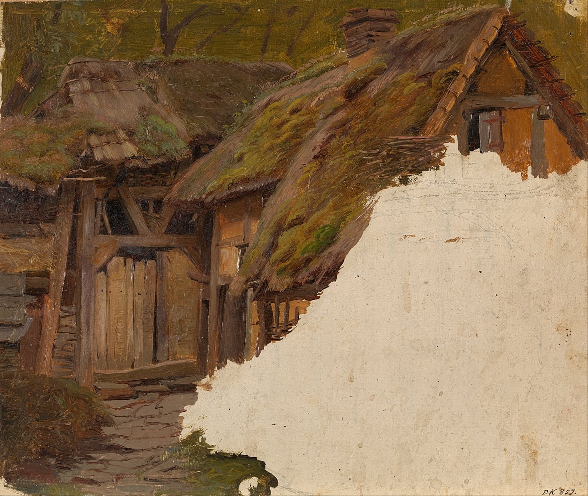 Studieren eines alten Bauernhofes von Adolph Tidemand